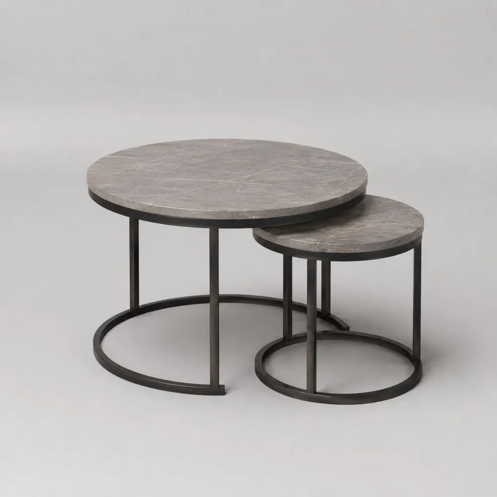 Couchtisch Set 80 cm Grau/Schwarz mit 2 runden Tischen in Marmoroptik und Metallgestell