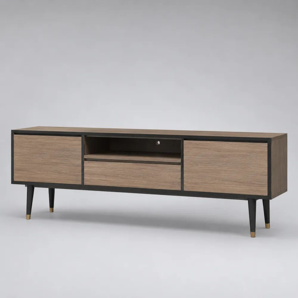TV Lowboard 200 x 40 x 55 cm MDF Holzdekor Beige mit Schublade und schwarzen Metallbeinen