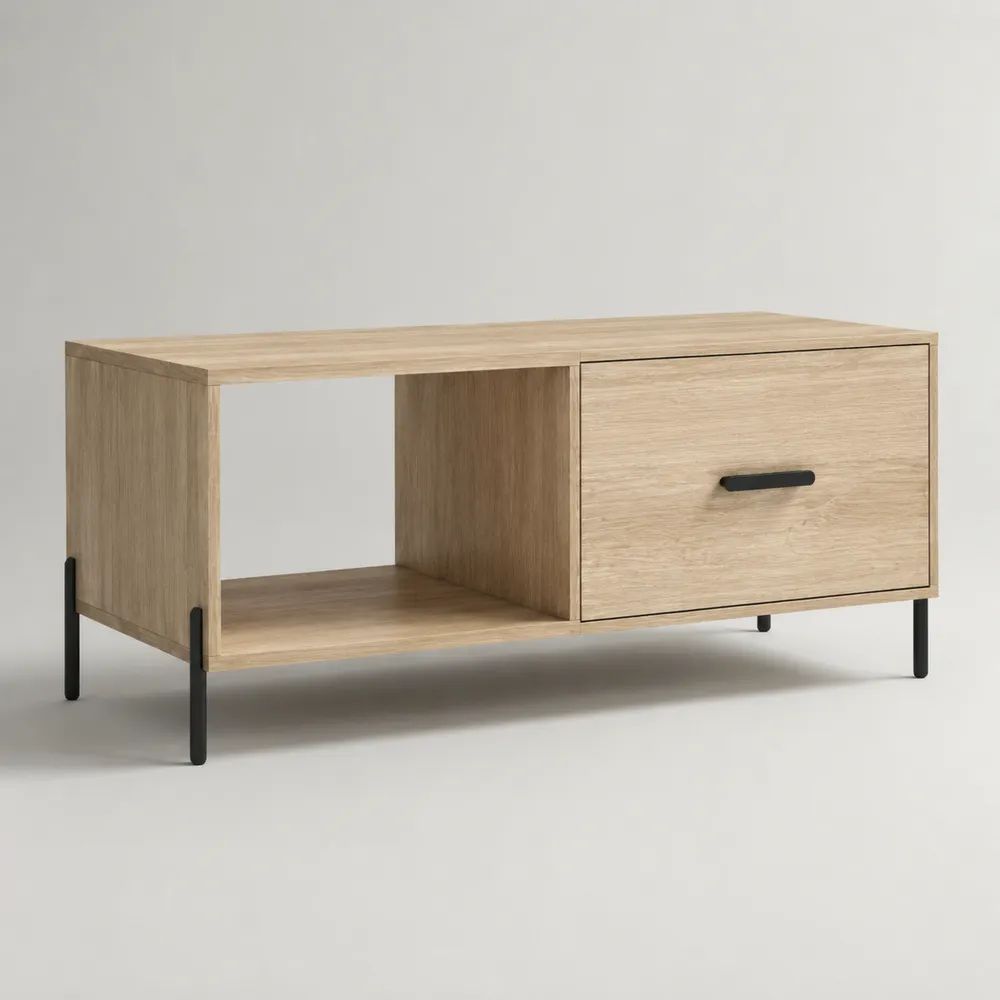 Couchtisch 120 x 60 x 40 cm mit Schublade MDF Holzdekor Beige und schwarzem Metallgestell