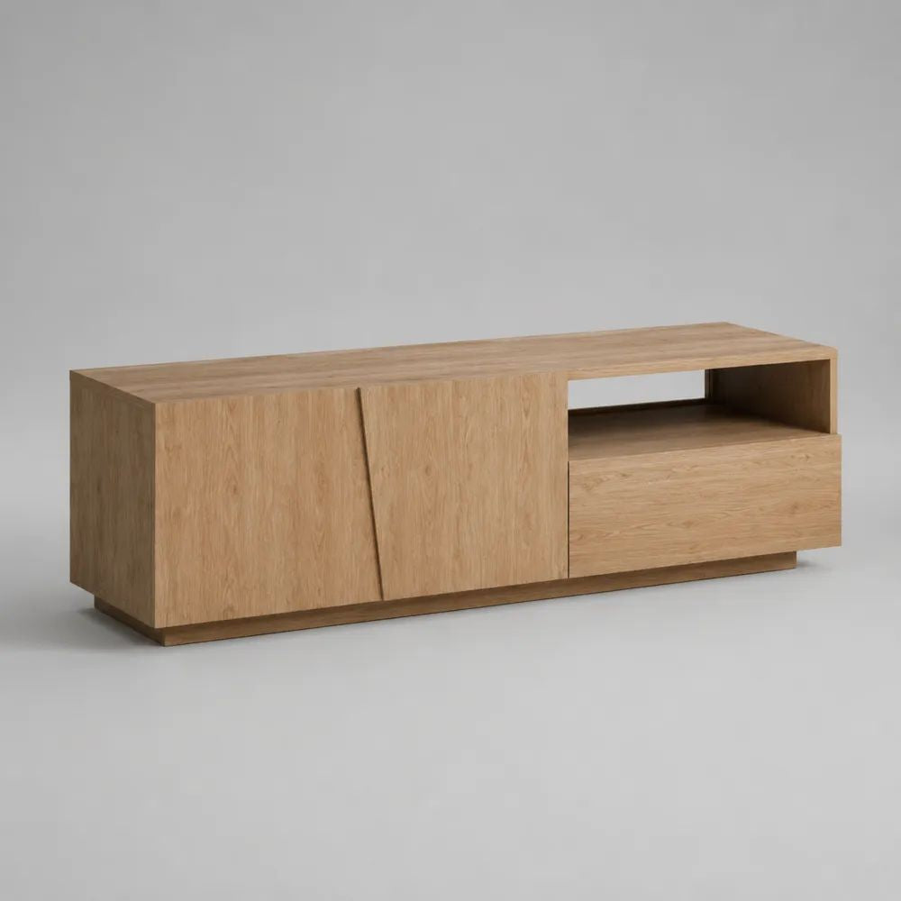 TV Lowboard 180 x 40 x 45 cm mit 2 Türen 1 Schublade und offenem Fach in Eiche Natur Holzwerkstoff