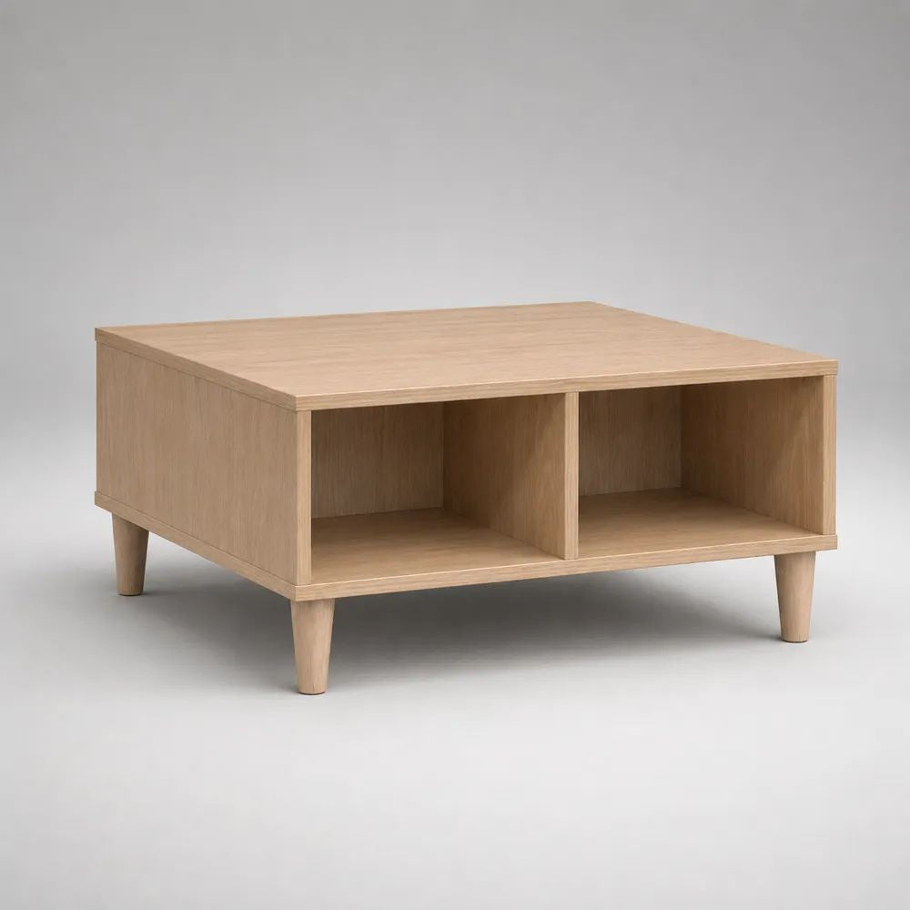 Couchtisch 110 cm Beige/Naturholz MDF mit offenen Ablagefächern und Holzbeinen
