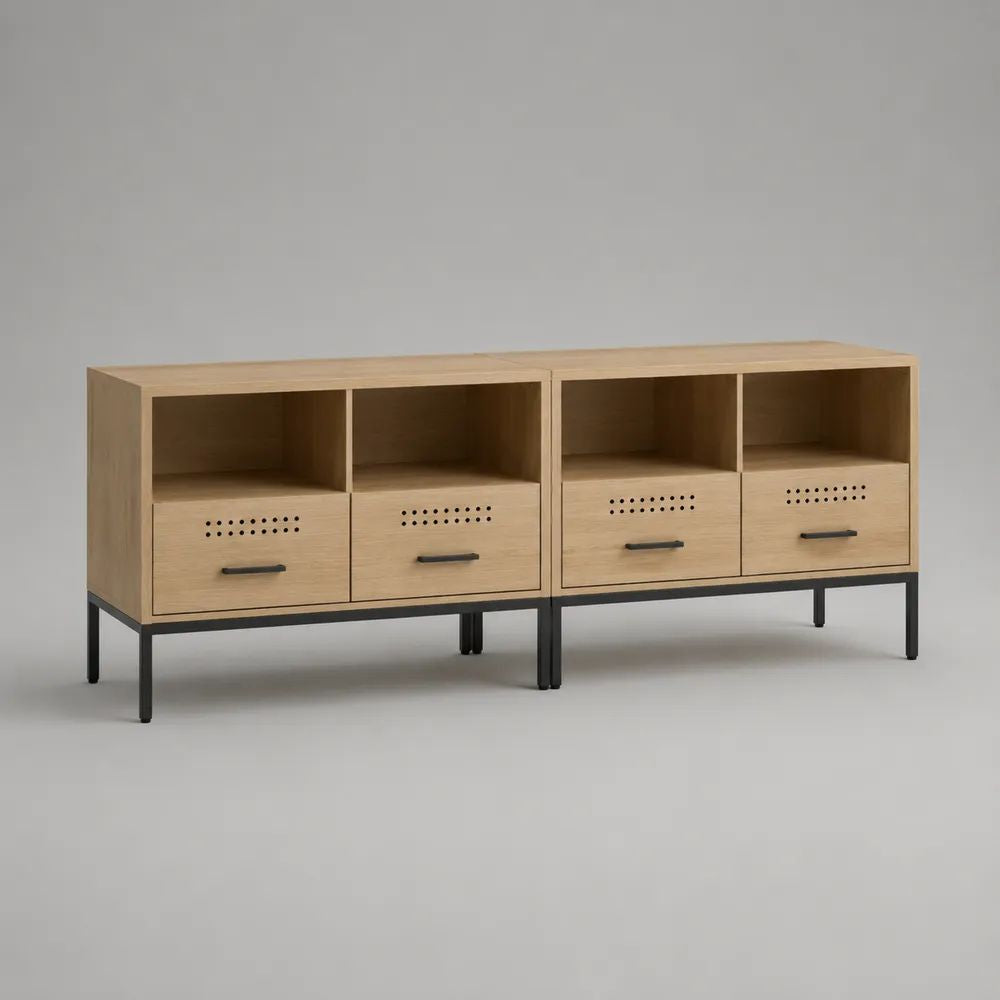 TV Lowboard 200 x 40 x 55 cm MDF Holzoptik Beige mit Schubladen und schwarzem Metallgestell