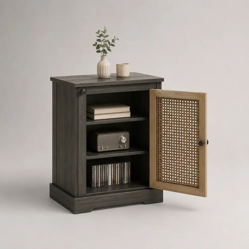 TV-Möbel 80 x 40 x 90 cm mit Rattangeflecht Tür MDF Spanplatte Dunkelgrau und Naturbraun