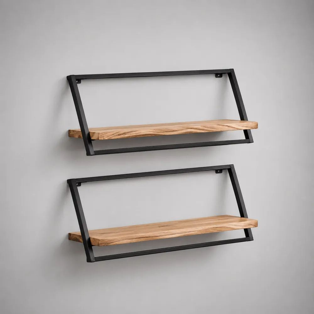 Wandregal 80 x 20 x 25 cm Massivholz Akazie mit schwarzem Metallrahmen 2er Set