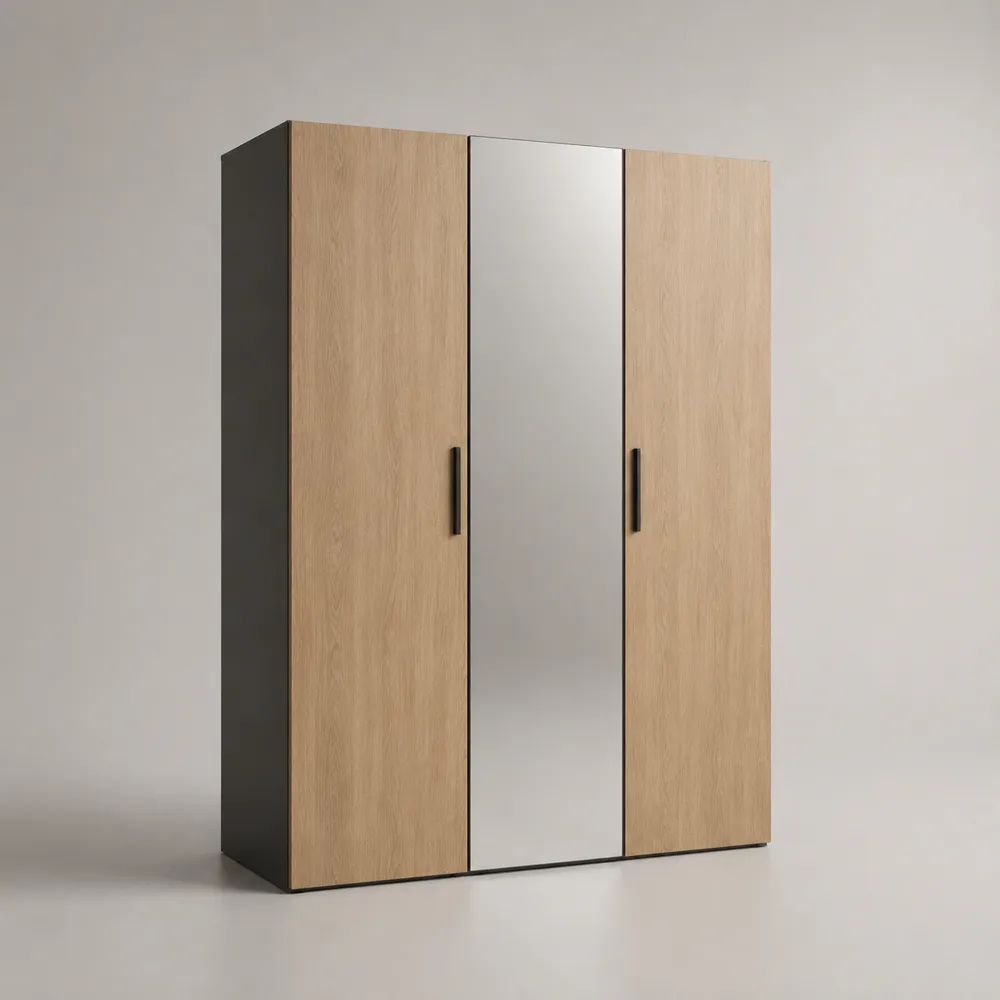 Kleiderschrank Eiche Holzoptik mit drei Türen und Spiegel 180 x 60 x 200 cm