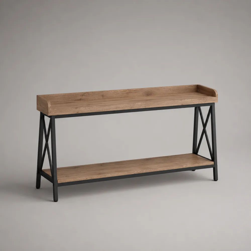 Konsolentisch 180 x 35 x 80 cm Holzoptik Natur mit schwarzem Metallrahmen und zwei Ablageflächen