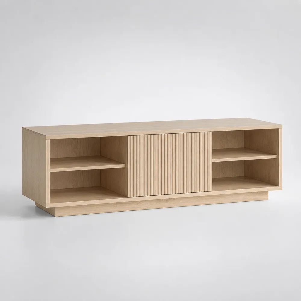 TV Lowboard 180 x 40 x 45 cm mit offenen Fächern und Tür in Eiche Natur Holzoptik