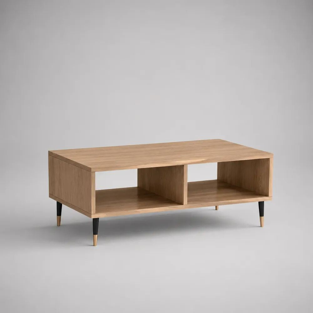 Couchtisch Rechteckig 120 x 60 x 45 cm Natur Eiche/Schwarz mit Ablagefächern und Metallbeinen